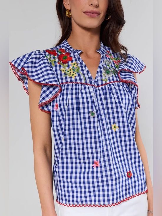 Avara Tops - Adela Blue Gingham Embroidered Flutter-Sleeve Top NWT - L